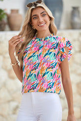 Rose Red Abstract Print Ruffled Flutter Shoulder Blouse